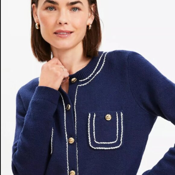 ANN TAYLOR LOFT TOPSTITCHED NAVY WHITE GOLD BUTTON SWEATER JACKET CARDIGAN XXSP - Picture 3 of 7